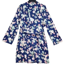 Charter Club Shawl Collar Short Robe Long Sleeves Blue Butterfly Floral Small