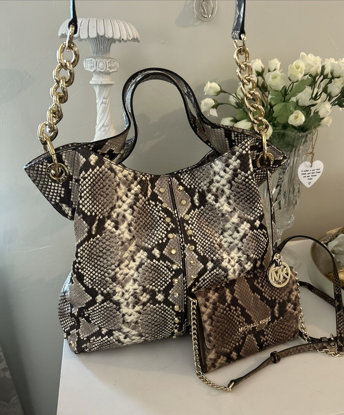 Michael Kors Brown Leather Python Snake Shoulder … - image 2