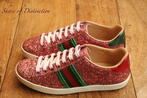 Gucci Ace Pink Glitter Leather Sneakers Trainers Ladies UK 2.5 US 5.5 EU 35.5 - Picture 3 of 12