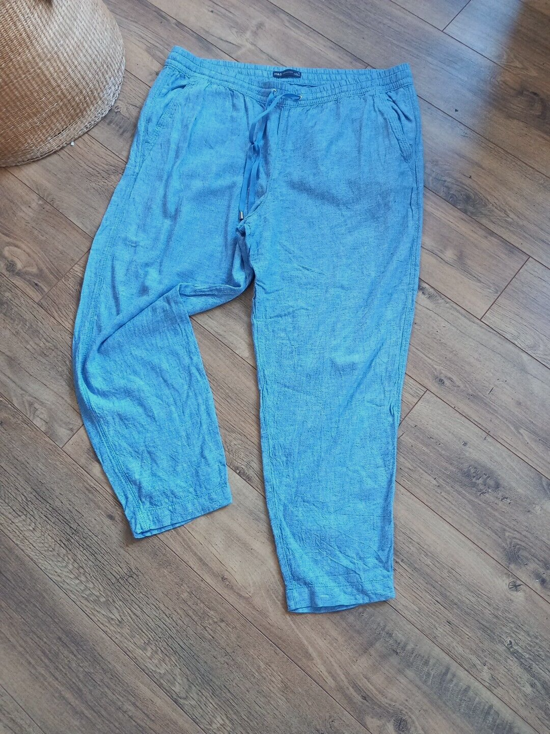 M&S Linen Blend Jogger Trousers Chambray Blue Elastic Waist Size UK 18