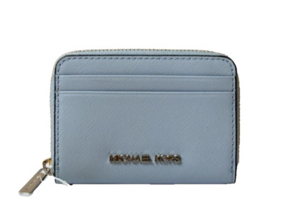 MICHAEL KORS JET SET TRAVEL MD ZIP AROUND CARD CASE WALLET PALE BLUE/SILVER