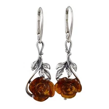 Sterling Silver and Baltic Honey Amber Leverback Earrings "Open Rose"