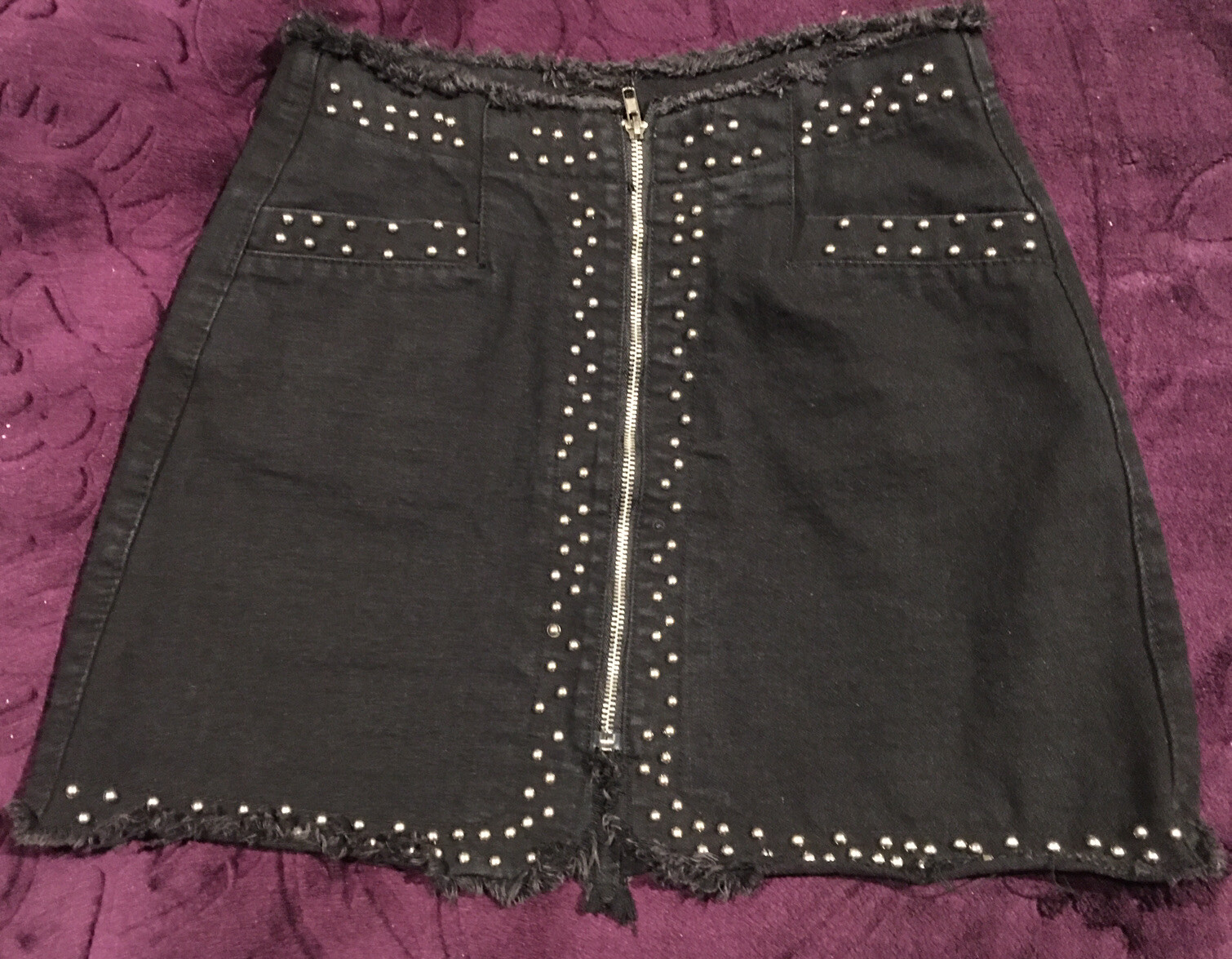 Goth Metal Rock Black Studded Zip-Off Skirt with Silver Embellishments-image