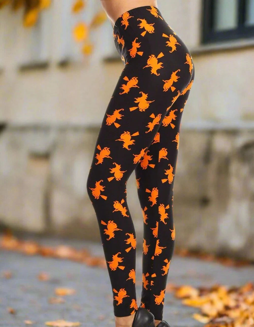 Halloween Orange Witch Print Black Leggings