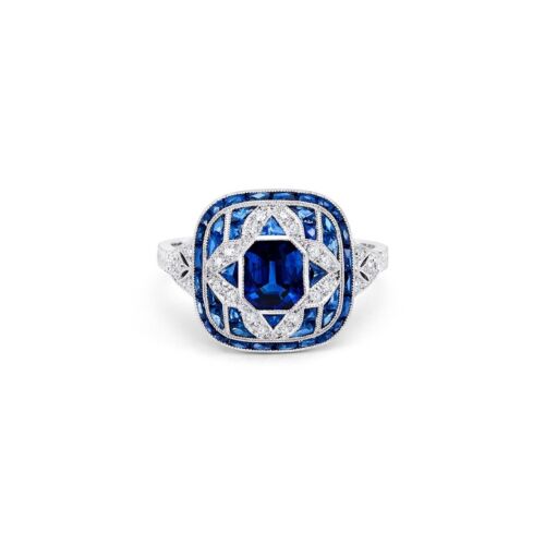 Bague de fiançailles diamant art déco saphir bleu ancienne mine platine européenne 2,28 ct - Photo 1 sur 8