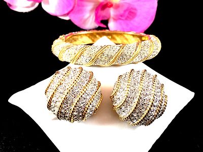 DAZZLING CINER 18K GP PAVE CRYSTAL RHINESTONE CUFF BANGLE BRACELET EARRINGS SET