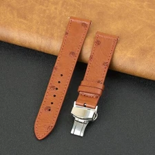18mm Brown Flat Genuine Ostrich Leather Watch Strap Silver Deployment Buckle Men