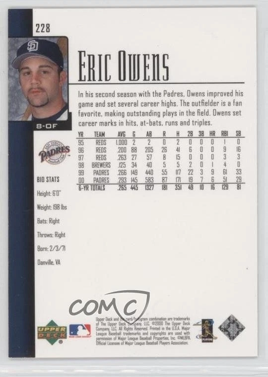 2001 Upper Deck Gold UD Exclusives /25 Eric Owens #228 - Image 2 of 2