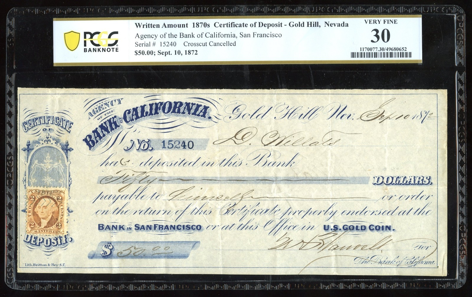 Bank of California Gold Hills, Nevada 1872 $50 Certificate of Deposit PCGS VF 30