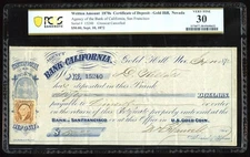 Bank of California Gold Hills, Nevada 1872 $50 Certificate of Deposit PCGS VF 30