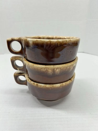 3 Vintage Hull Pottery Brown Drip Ring Handled  Soup Mug Bowls Oven Proof 12 Oz