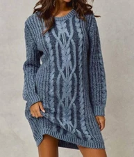 So Me Alora Two Tone Cable Knit Sweater Dress Dusty Blue