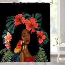 African Black Girl Shower Curtain Floral Woman Queen Tropical Green Palm Show...