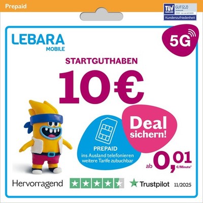 LEBARA Prepaid SIM-Karte mit 10  Startguthaben inkl. 5G