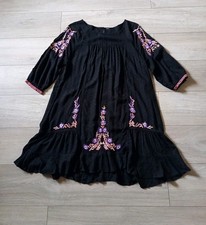 Papaya Black Floral Embroidered Tunic Dress 3/4 Sleeves Boho Holiday UK18
