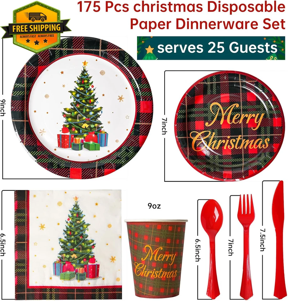 175 Pcs Christmas Dinnerware Set Disposable Paper Plates and Napkins for 25 Gues - Image 2 of 4