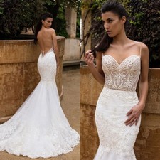 Sexy Mermaid Wedding Dresses Spaghetti Straps Backless Lace Applique Bridal Gown