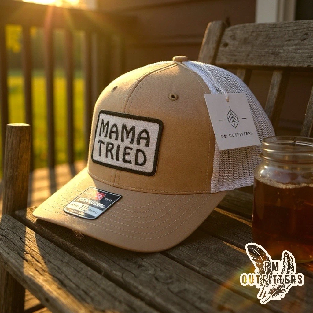 Mama Tried Retro Novelty Embroidered Patch Richardson 112 Trucker Khaki & White