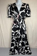 AX Paris Womens Wrap Midi Dress Size 8 Black White Abstract Puff Sleeve