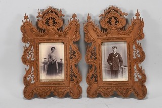 Q57M24 2x Antique Framed Carved Wood Frame Photo Circa 1900