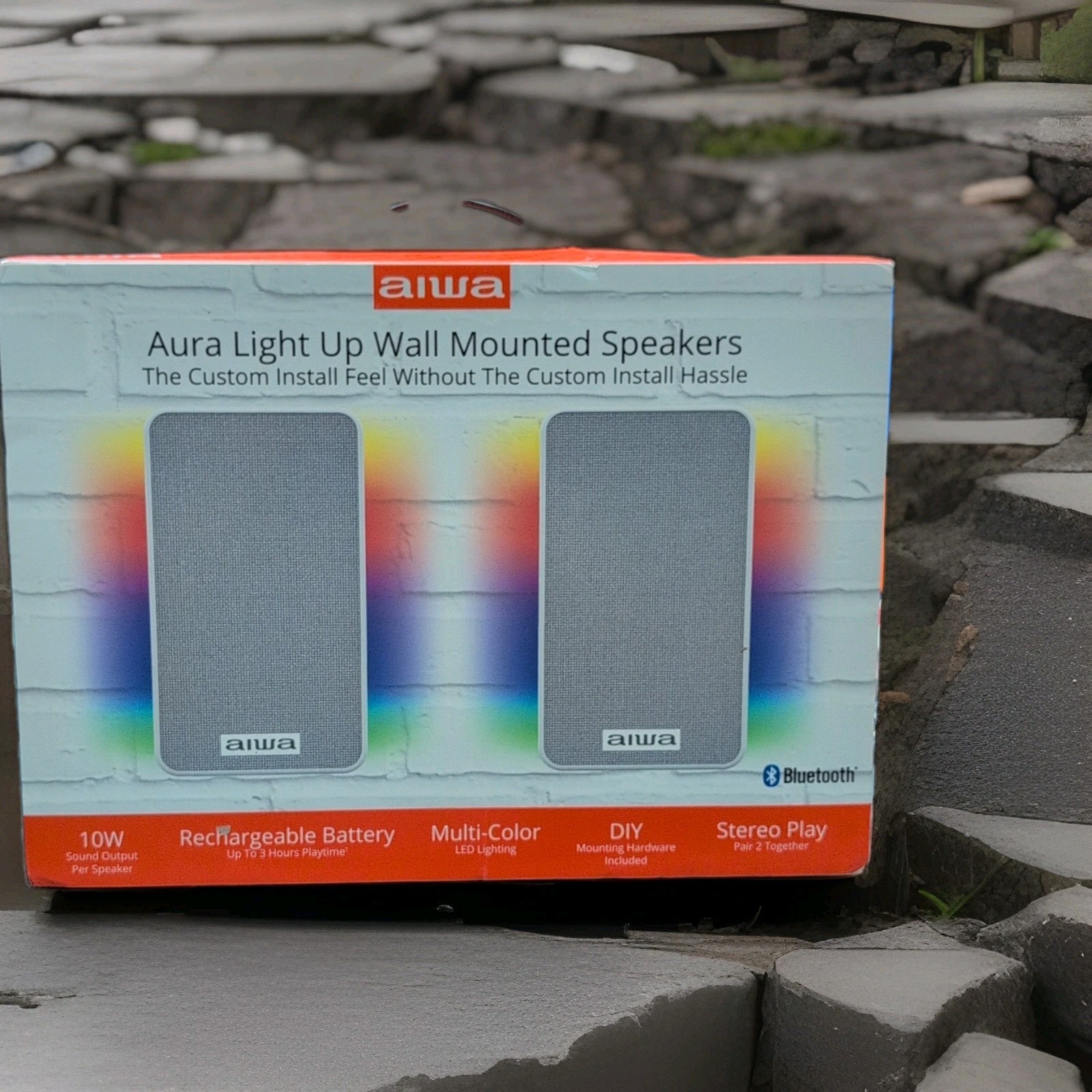 Aiwa Aura Light Up Wall Speakers Bluetooth Multi-Color LED 10W White AI6024PK2