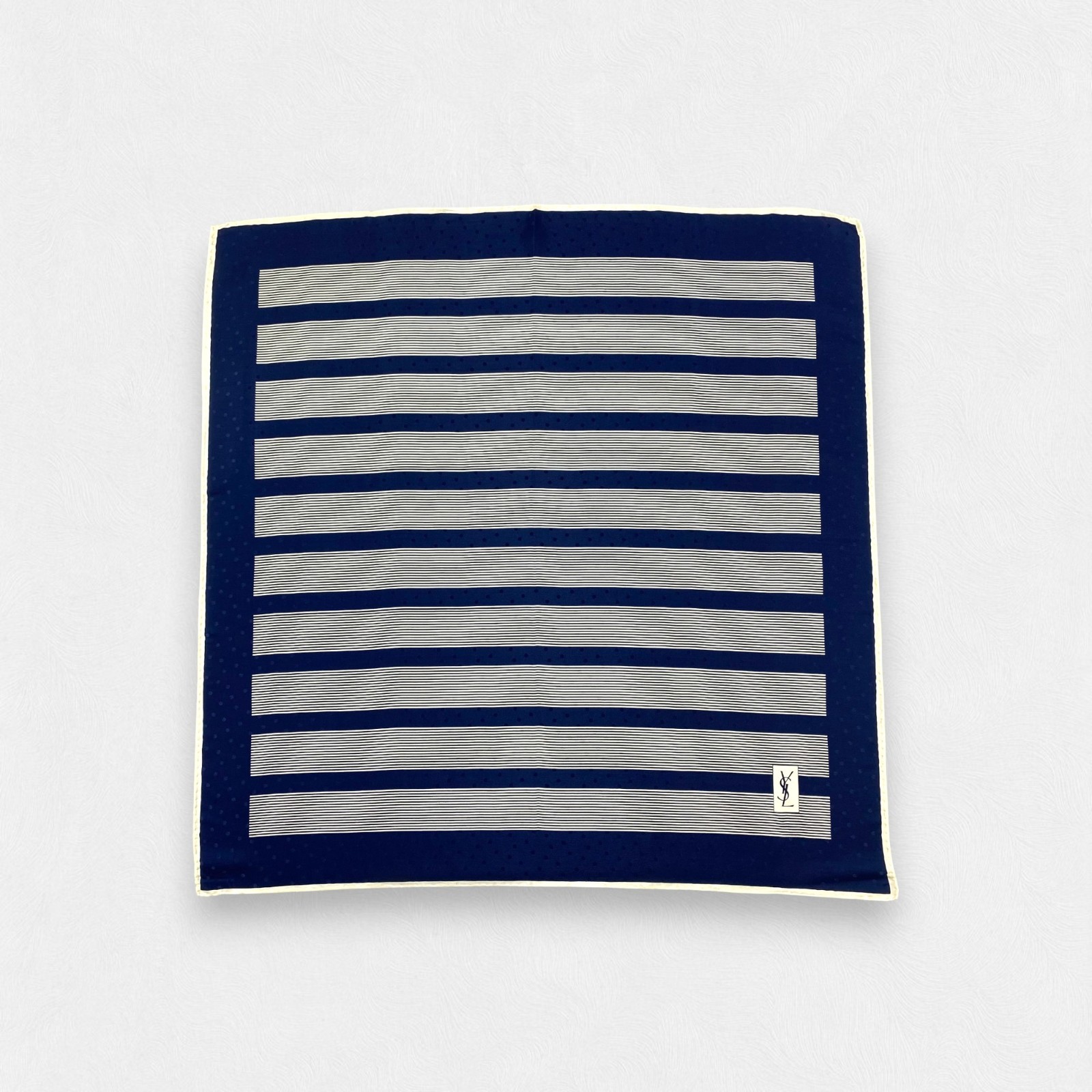 Vintage Yves Saint Laurent Silk Foulard Scarf Navy Blue White Stripe Polka Dot