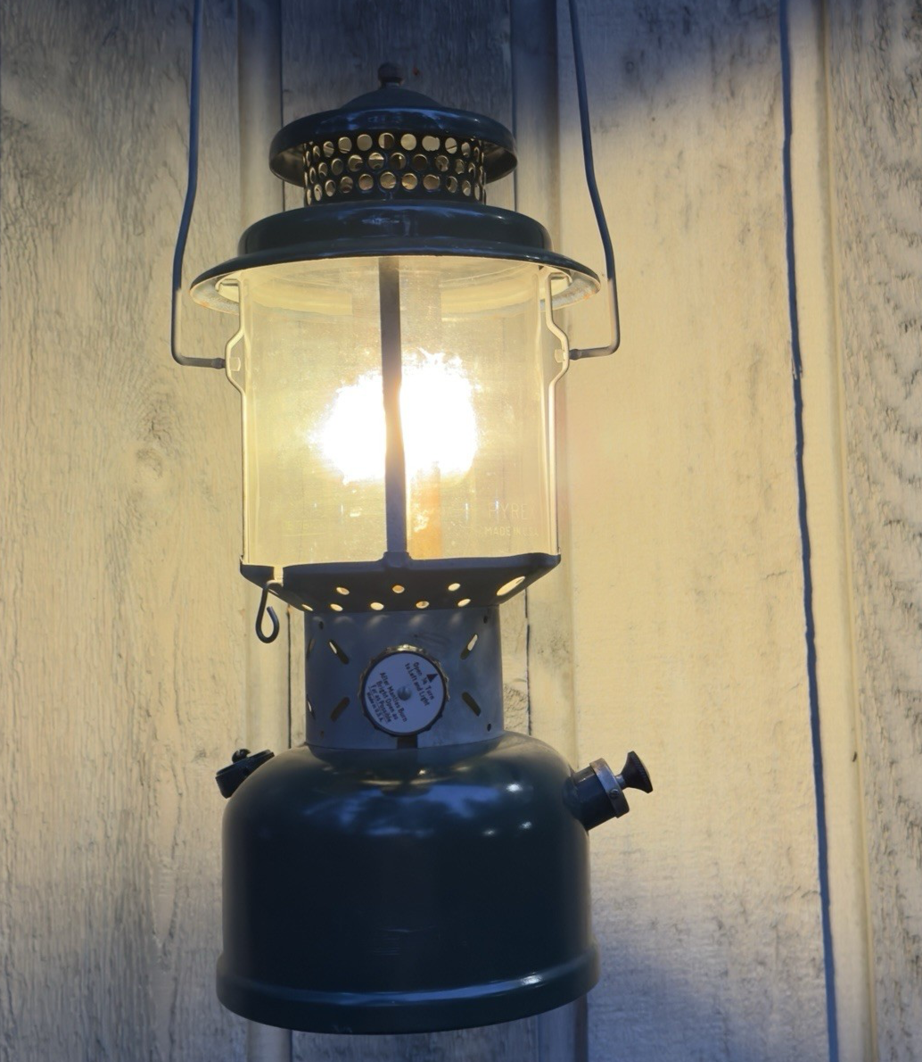 Vintage Coleman 220E Lantern 2/57 Pyrex Globe Green Double Mantle