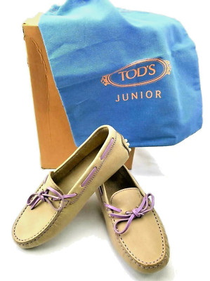 TOD'S Girls Nubuck Italian Leather Moccasins with Lavender Tie US SZ 2 - NEW!