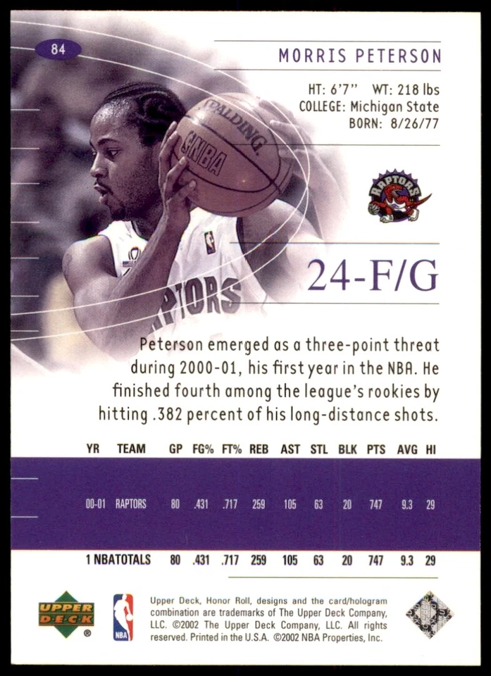 2001-02 Upper Deck Honor Roll #84 Morris Peterson RAPTORS - Image 2 of 2
