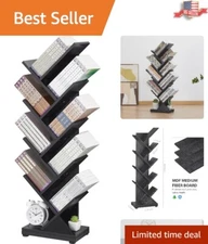 Retro Geometric Tree Bookshelf - Compact 8 Tier Storage Solution - Black
