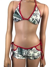 Exotic Dancewear Triangle Top Boyshort Tie Side Rave Outfit Money Print Clubwear