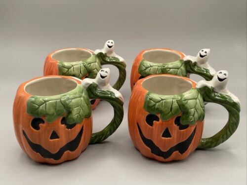 Vintage Set of 4 Omnibus (Fitz and Floyd) Halloween Pumpkin Mug Ghost Handle - Picture 1 of 13