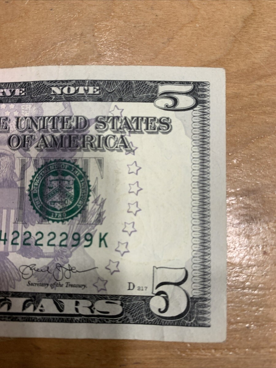 96（ナインティーシックス）シリアルナンバー5番、限定品USA 2013 5 dollar bill Fancy Serial Number True Quintuple Two's