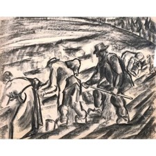 Adriaan Lubbers original crayon charcoal drawing Vierhouten farmers Dutch artist