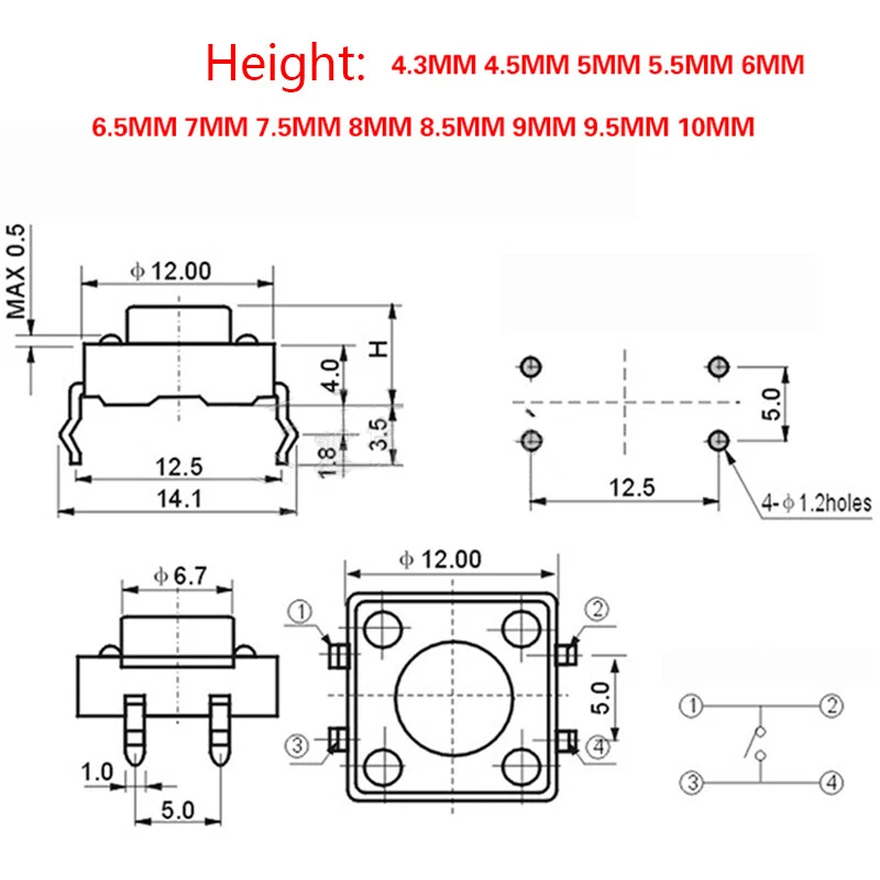 12x12mm Tactile Push Button Switch Momentary Tact Switch 4 Pin DIP Micro Switch - Image 4 of 4