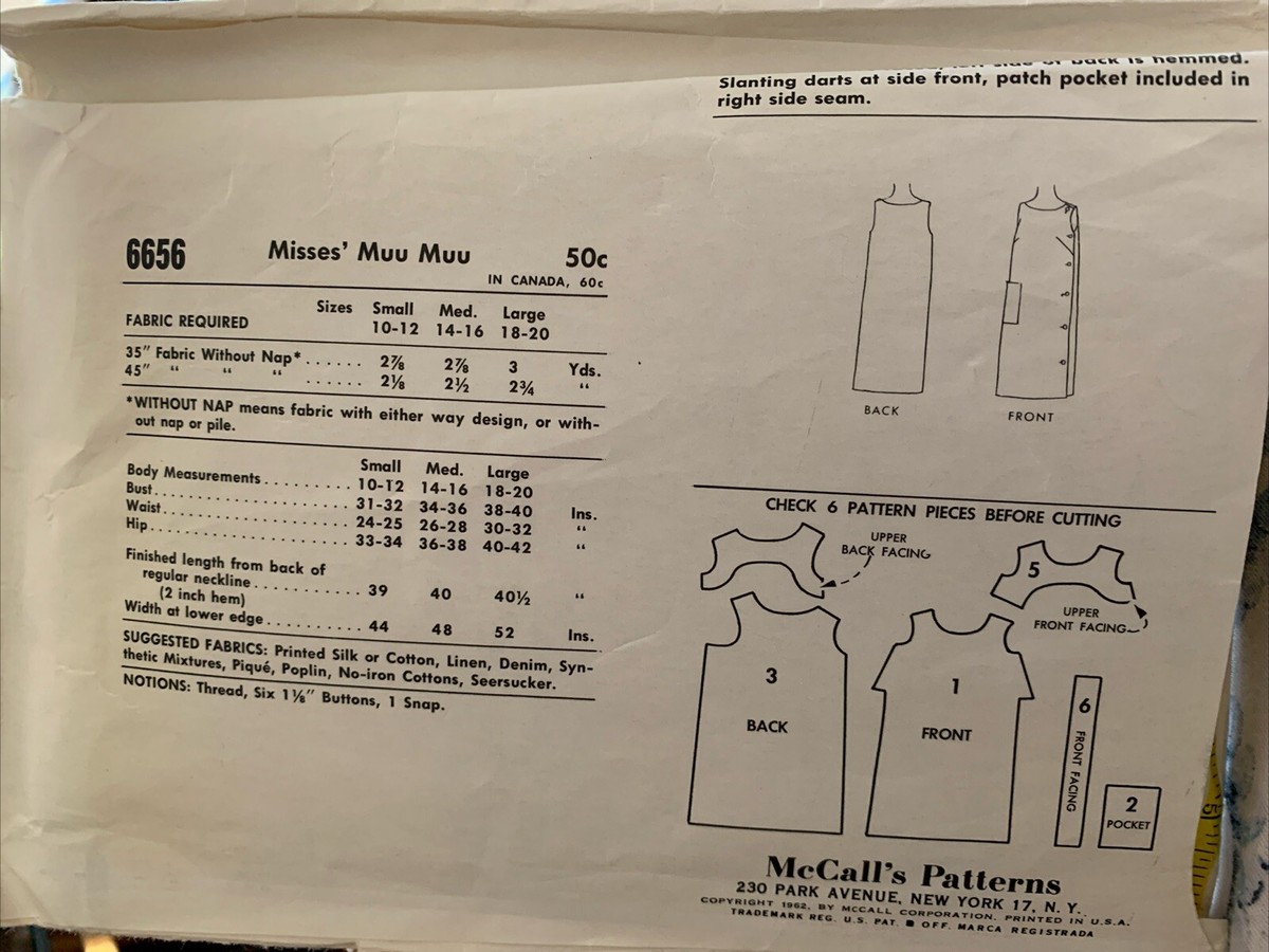 Vtg McCall's Sewing Pattern 6656 1962 Misses' Muu Muu Dress Sz 10