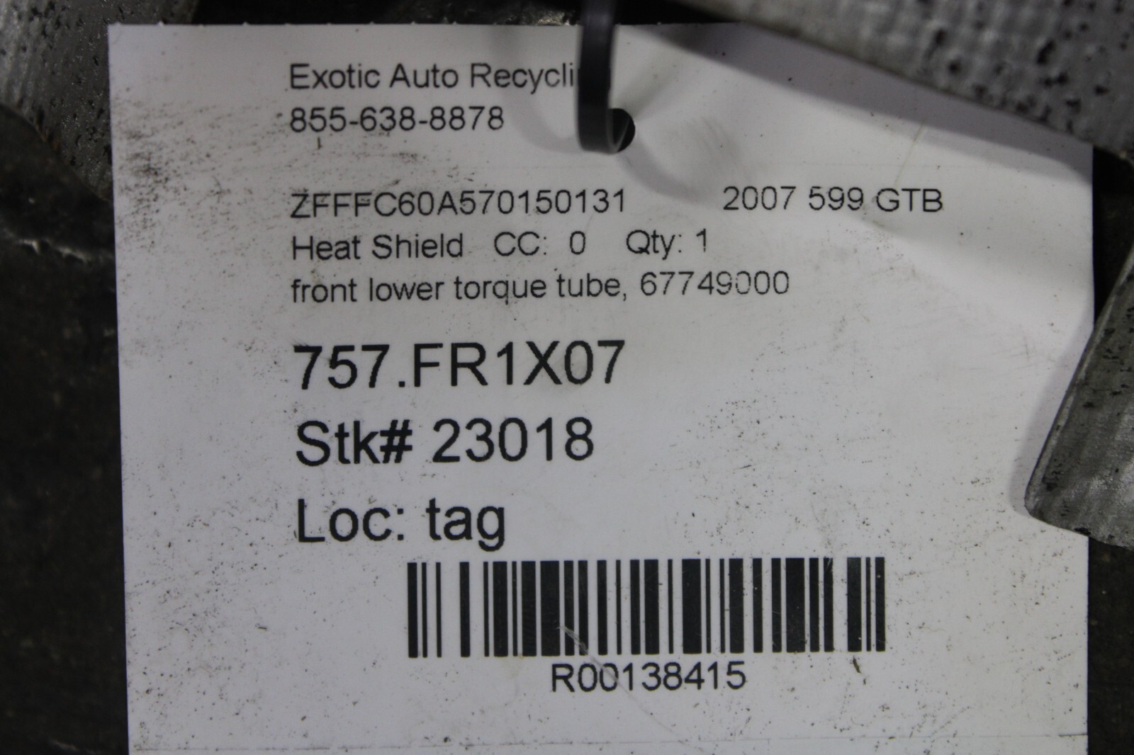 Ferrari 599 GTB, Front Torque Tube Heat Shield, Used, P/N 67749000