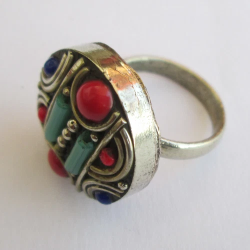 Tibetan Silver Turquoise Red Coral Original Jewelry Adjustable Unisex Ring R15