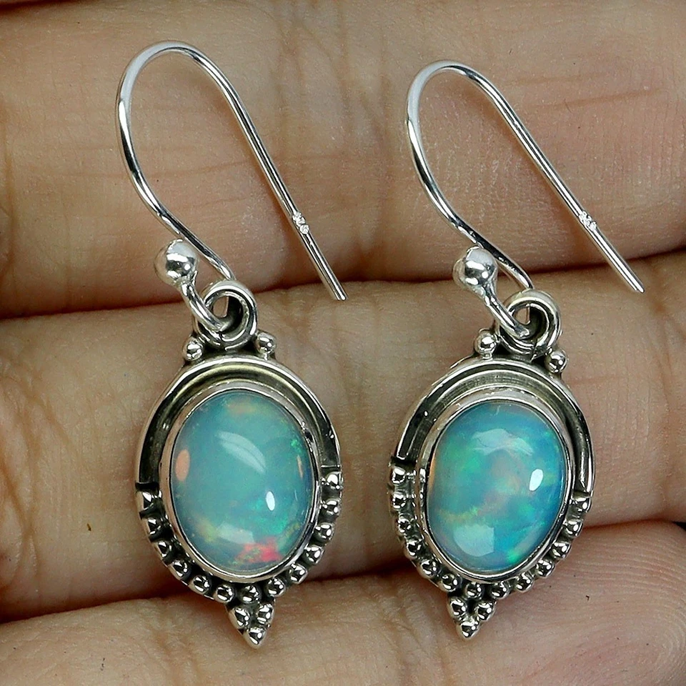 Orecchini in argento sterling 925 opale di fuoco ovale 8x6 mm pietre... - Immagine 2 di 4