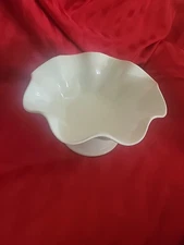 White Ceramic Compote Bowl with Ruffled / Scalloped Rim, on Pedestal Base