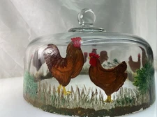 Hand Painted Glass Cake Dome Rooster & Chicks Vintage Farm House Country Decor