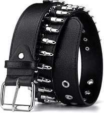 Bullet Studded Punk Rivet Belt - Black Leather Rock Belt with Silver Bullet for