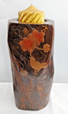 Japanese VTG Wood Candle Holder Vase Gold Bird Leaf Makie ? Copper Insert 11.75"