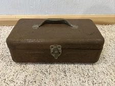 Vintage Simonsen Metal Tackle Box Tool Box 1 Tray Brown Chicago 14”x7.5”x4.5”