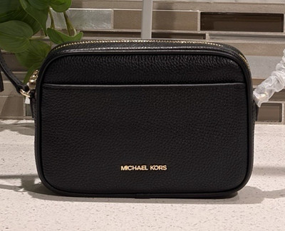 MICHAEL KORS JET SET SMALL ZIP CROSSBODY CAMERA BAG SHOULDER BLACK GOLD MK LOGO