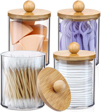 4 Pack Clear Plastic Apothecary Jar Bamboo Lid Cotton Storage