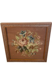 Handmade Custom Framed Floral Bouquet Design Needlepoint Vintage 12 x 12" EUC