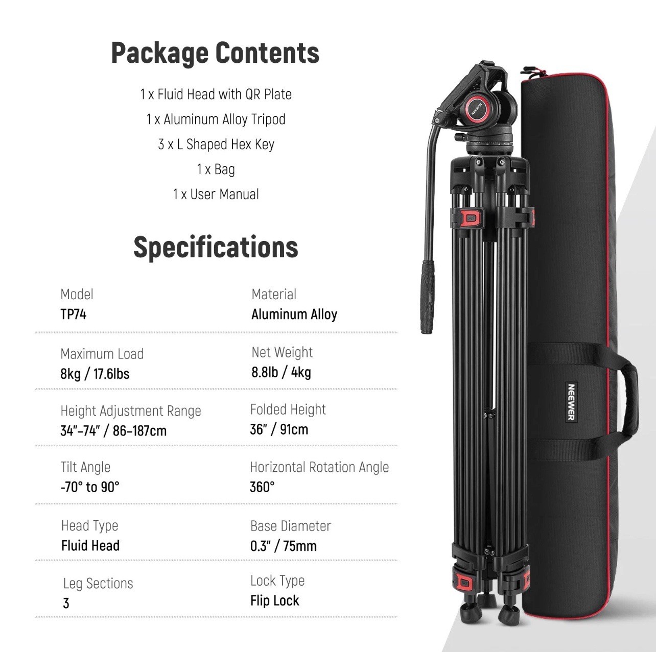 NEEWER TP74D 74" Video Tripod w/Fluid Head, QR Plate, 17.6lb Load