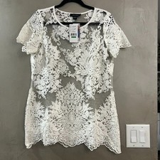 Karen Kane Embroidered Summer Tunic Top Lace White Aquamarine Large NWT