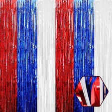 6 Pack White Blue Red Foil Fringe Curtain Backdrop 3.28x8.2ft Metallic